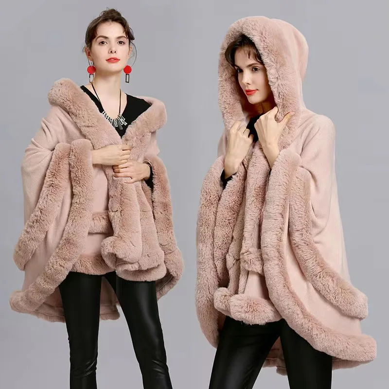Autumn Winter Loose Fur Collar Shawl Thickened Faux Rabbit Fur Coat Large Cloak Warm Casual Style Knitted Sweater