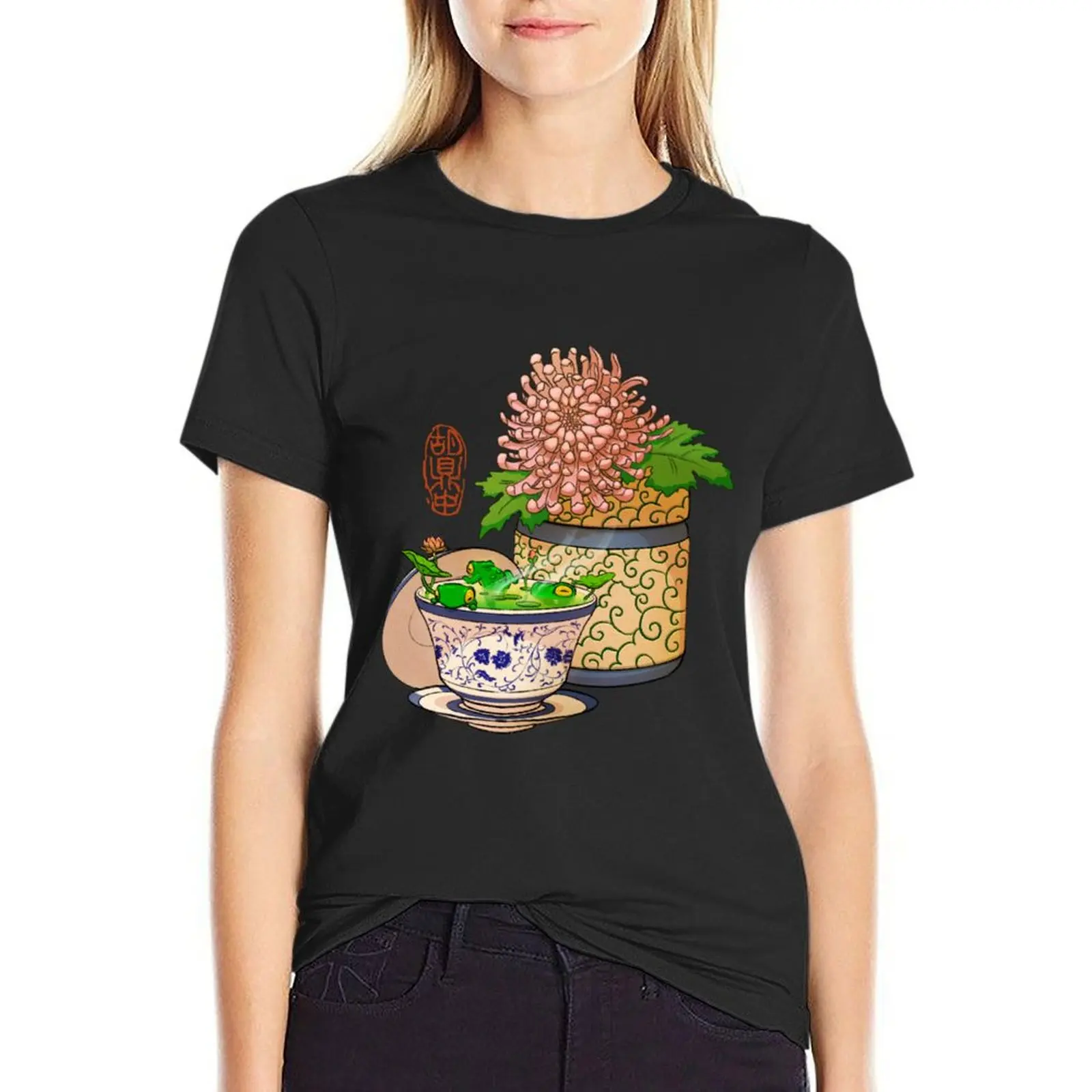 

tea cup chrysanthemum flower frog no bg T-Shirt funny tops Women's tee shirt