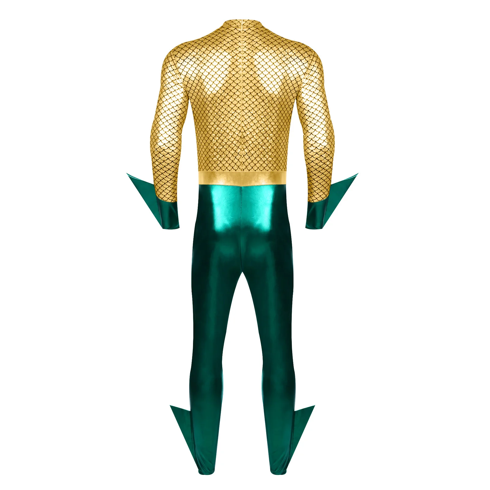 Men Halloween Theme Party Movie Aquaman King of The Sea Cosplay Costume Long Sleeve Metallic Shiny Fish Scale Print Jumpsuit view 3