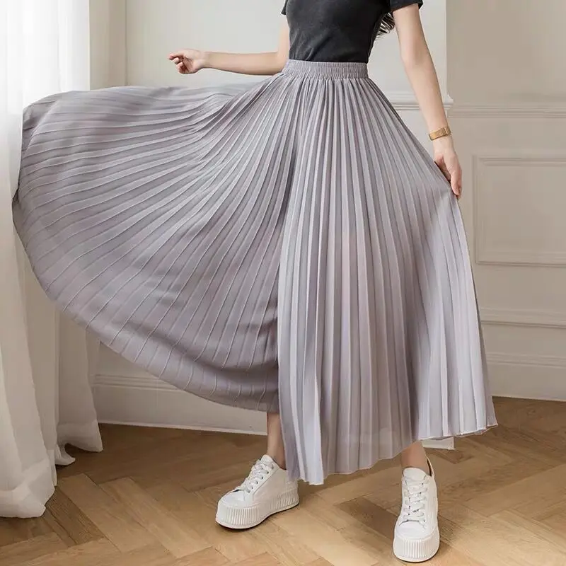 Purple Gray Blue Chiffon Pleated Skirts Pants Women Summer Chic Streetwear Lady Elegant Office Business Work Wear Long Trousers