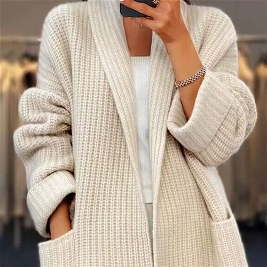 Women\'s Pocket Design Knitted Sweater Cardigan Autumn Winter Female Clothes Solid V-Neck Casual Long Sleeve Loose Daily Coat