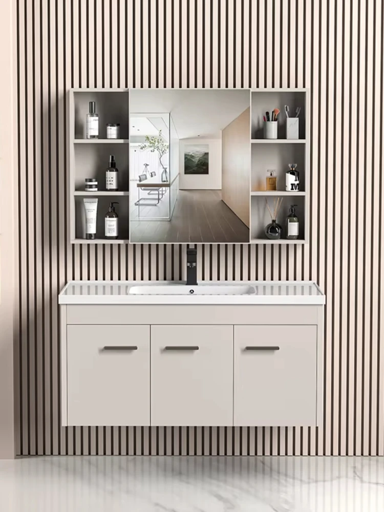 Mueble de baño blanco roto montado en la pared con espejo inteligente moderno de lujo suspendido de aluminio