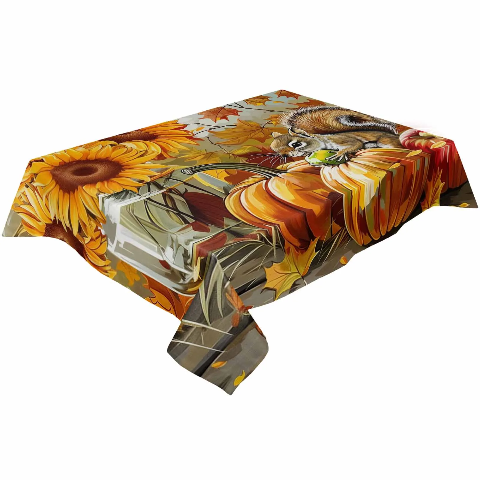 Autumn Pumpkin Sunflower Squirrel Oil Painting Waterproof Table Cloth Wedding Party Rectangular Table Cover Home Kitchen Decor