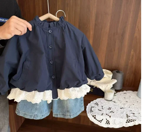 Girls 2026 Autumn New Stand-up Collar Lace Jacket Winter Jacket Jacket Baby Girl Clothes