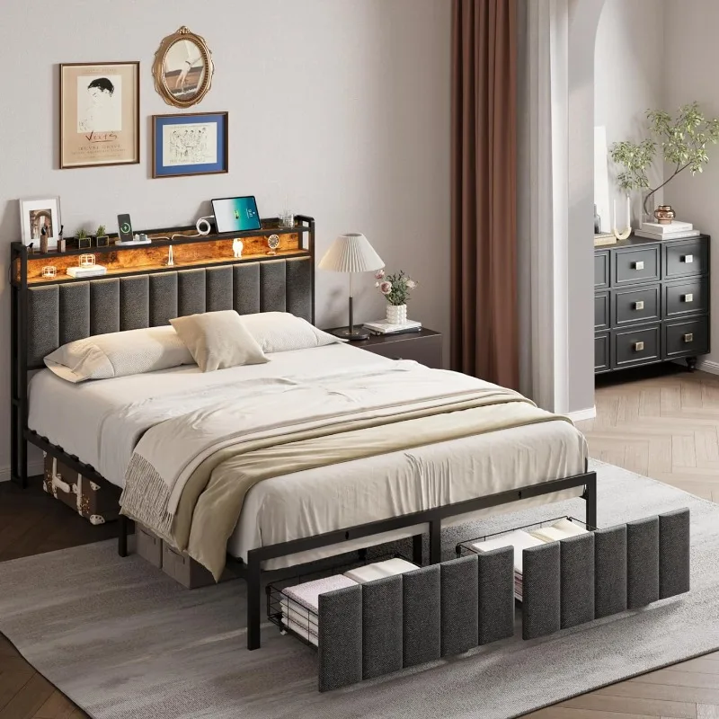 

Full Size Bed Frame with 2 Storage Drawers and LED Lights Headboard, Upholstered Full Bed Frame with Charging Station