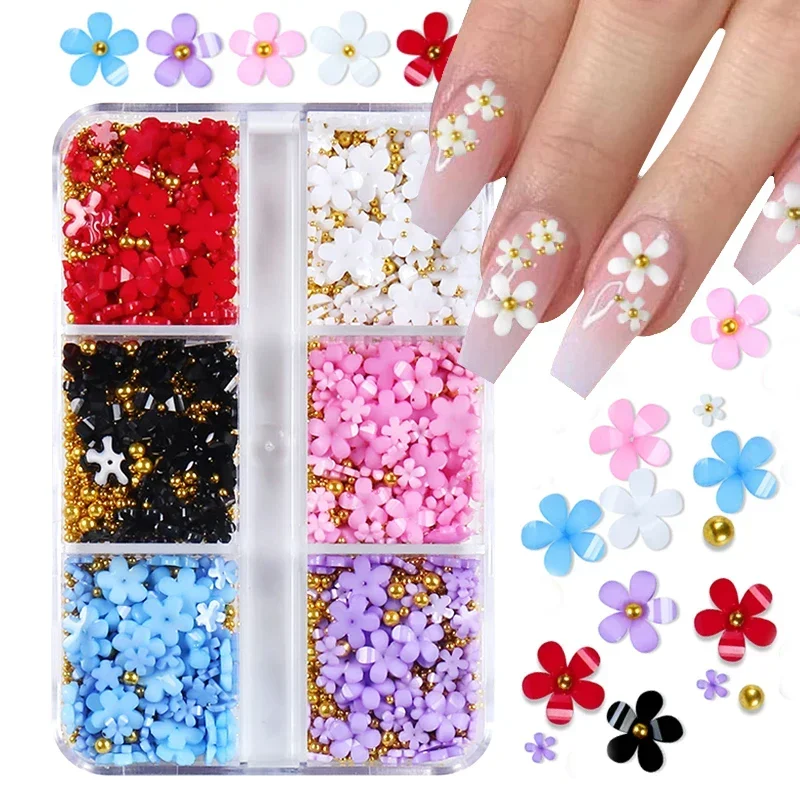 3D Acrílico Nail Art Encantos, Flor Branca, Ouro Bead, Peças de Pedra, Strass Decoração, Nail Acessórios Suprimentos, 6 Grades