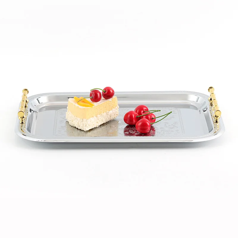 Light luxury stainless steel tray golden bamboo handle dessert cake fruit plate hotel model room storage flat plate ornament