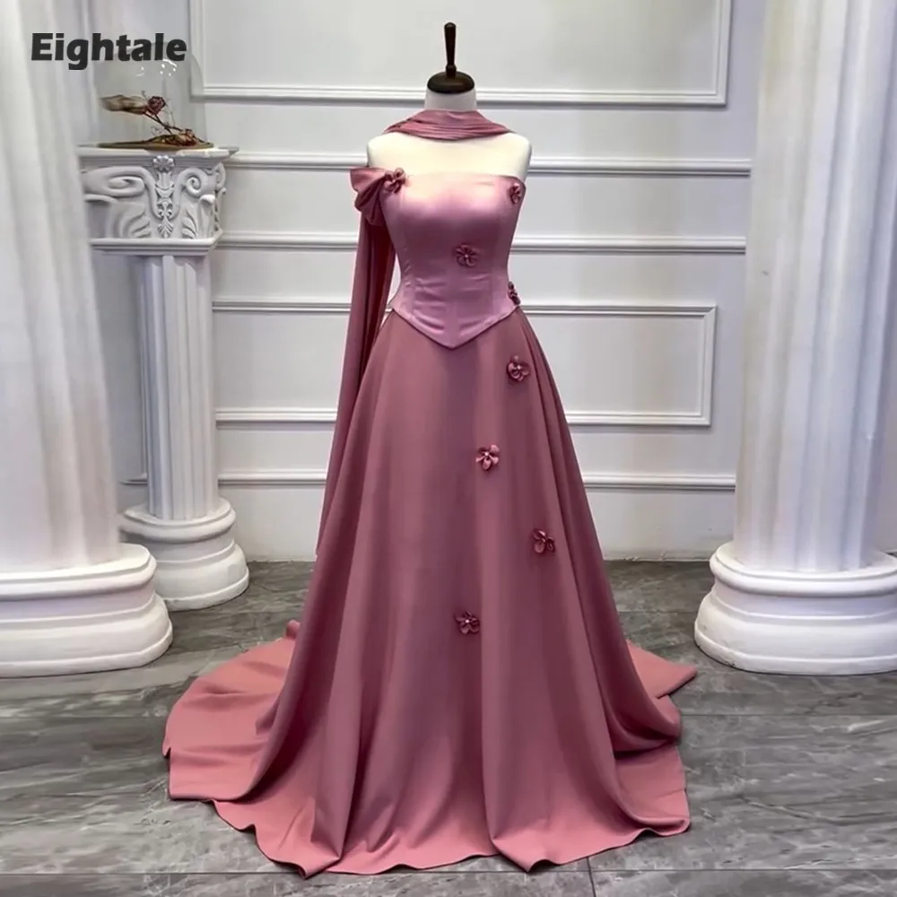 

Eightale Elegant Evening Dress Strapless 3D Flowers Customized Floor Length Satin A-Line Corset Prom Wedding Party Gowns