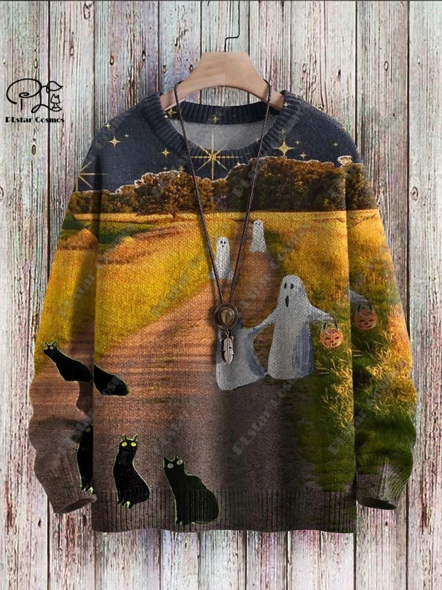 Unisex Halloween Series 3D Impresso Horror Sweater, Engraçado, Padrão Fantasma, Casual, Genuíno, Inverno, Novo, Y-2