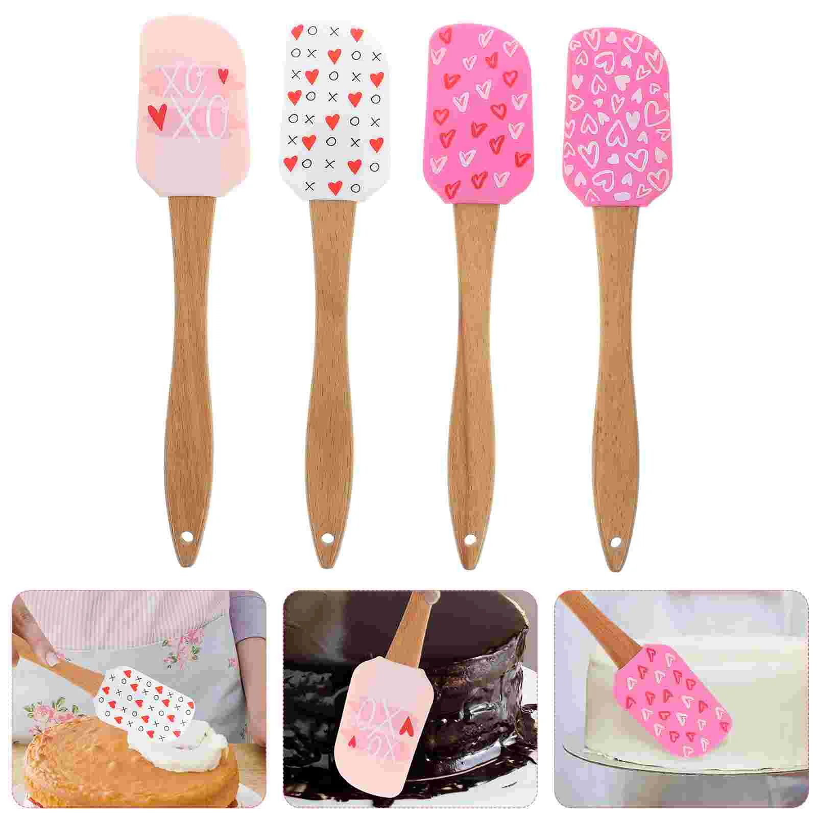 

4 Pcs Cake Spatula Valentine's Day Spatulas Cream Small Silicone Party Supply with Wooden Handle