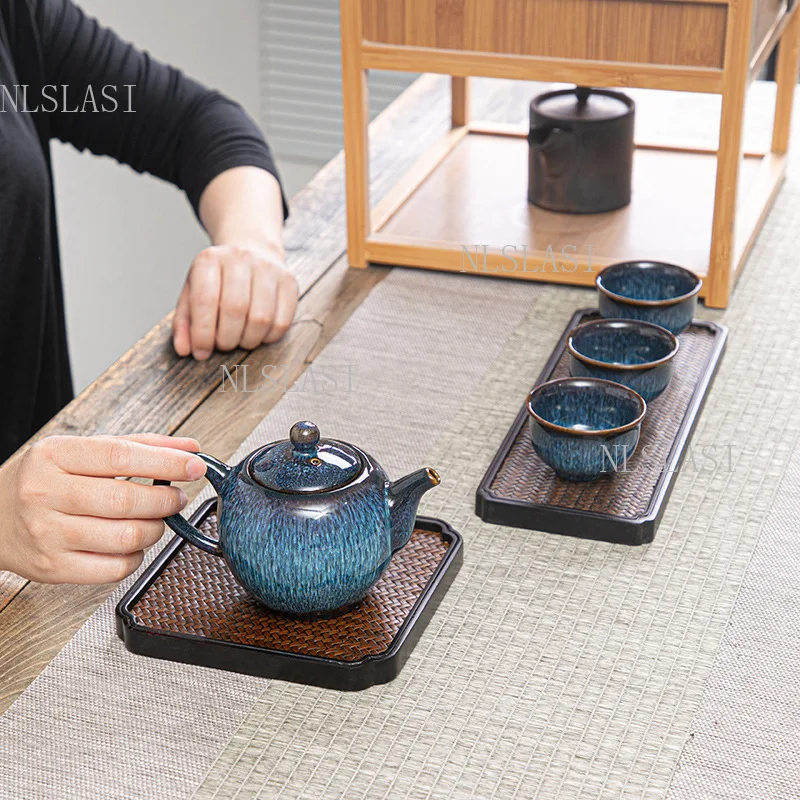 Woven Rattan Tea Board With Solid Black Wood Frame Multiple Sizes Optional Anti Slip Dry Brew Tea Tray For Daily Tea Making