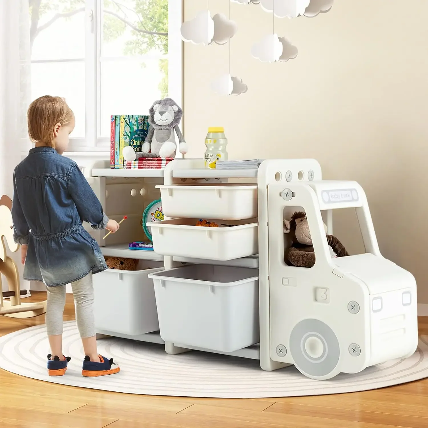 Storage Organizer, Shelf with with 2 Removable Bins, 2 Pull-Out Drawers, Enclosed Cabinet, Kids Bookshelf, Toy Organ