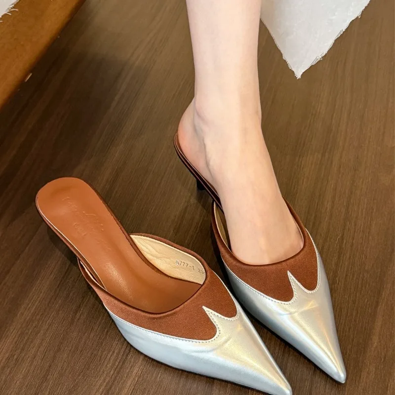 Luxury Women's Slippers Mules Pointed Toe Elegant Thin High Heel Slip on Lady Pumps Women Flip Flop Tongs Femme Mules Femme