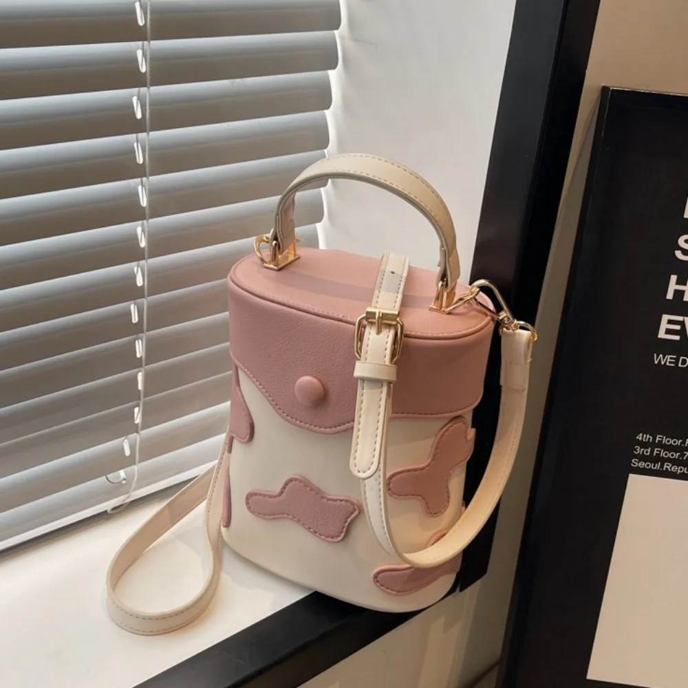 

Trendy Elegant Simple PU Leather Bag Contrasting Colors Cute Handheld Bucket Bag Cylinder-shape Tote Bag