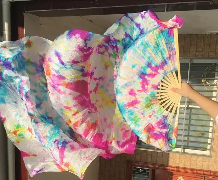 1 Pair(L+R) Belly Dance Silk Fan Veil Worship Art Silk Bamboo Dance Long Fans Tie Dyed Flower 47"/59"/71"/83"