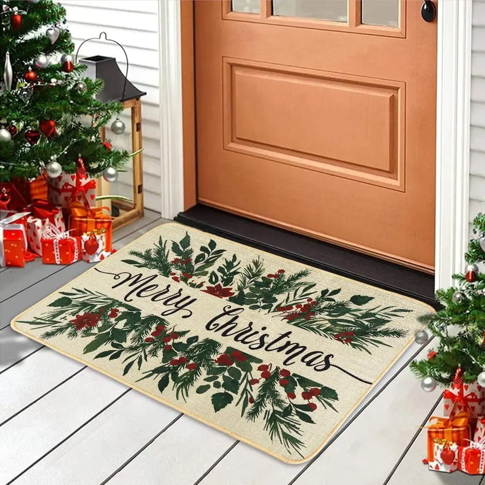 Merry Christmas Holly Berry Non-slip Door Mat Entrance Welcome Rugs Balcony Hallway Kitchen Bath Floor Mat Christmas Decorations