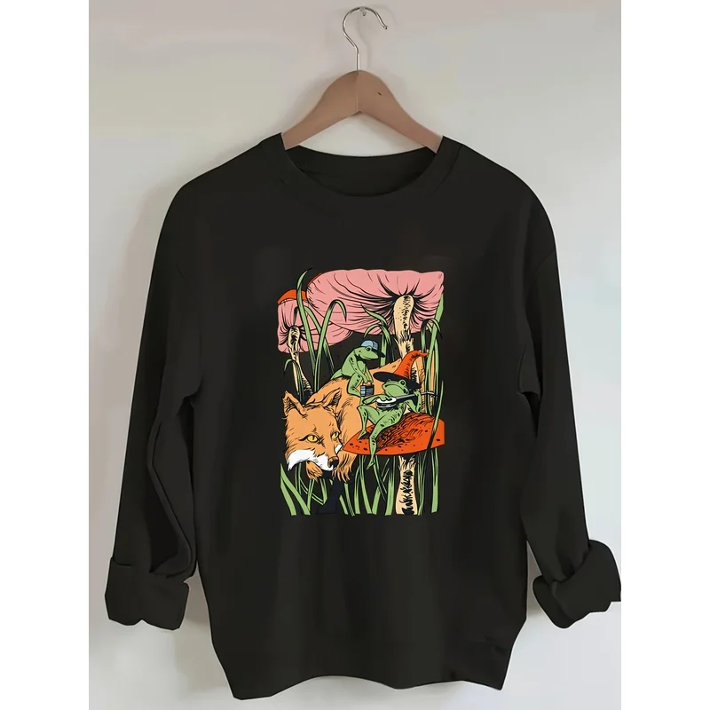 Fox Frog Wizard Hat Banjo Hat Mushroom Pattern Everyday Casual Outdoor Pullover Comfortable and soft women's hoodie