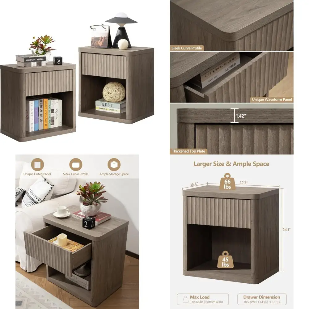 Large Modern Wide Nightstand Set of 2 with Drawer Storage, Fluted Design Bedside Table, Mid-Century End Table for Bedroom