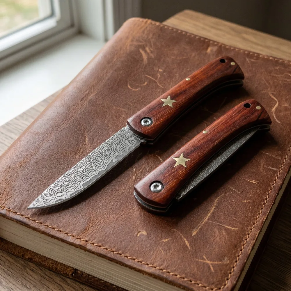 Coltello Pieghevole Multifunzione con Lama in Acciaio Damascato, Motivo a Cinque Stelle, Manico in Legno di Sandalo Rosso, Coltello Tascabile Compatto