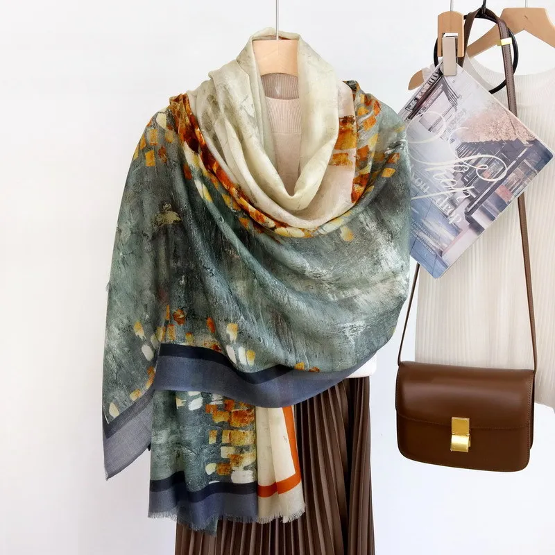 Winsleter-Women 100%Wool Elegant Long Scarf, 200*100CM Print, Mom Gift Vintage Skin-friendly Thin Scarves, 2026 Autumn A67575CC