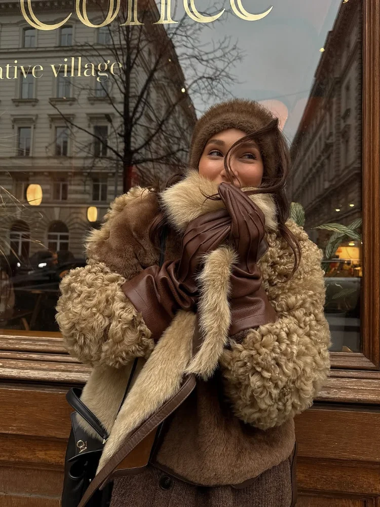 

Модная лоскутная куртка из искусственного меха, женская повседневная куртка с лацканами и v-образным вырезом, длинным рукавом, на шнуровке, свободные теплые куртки, женская зимняя повседневная уличная одежда