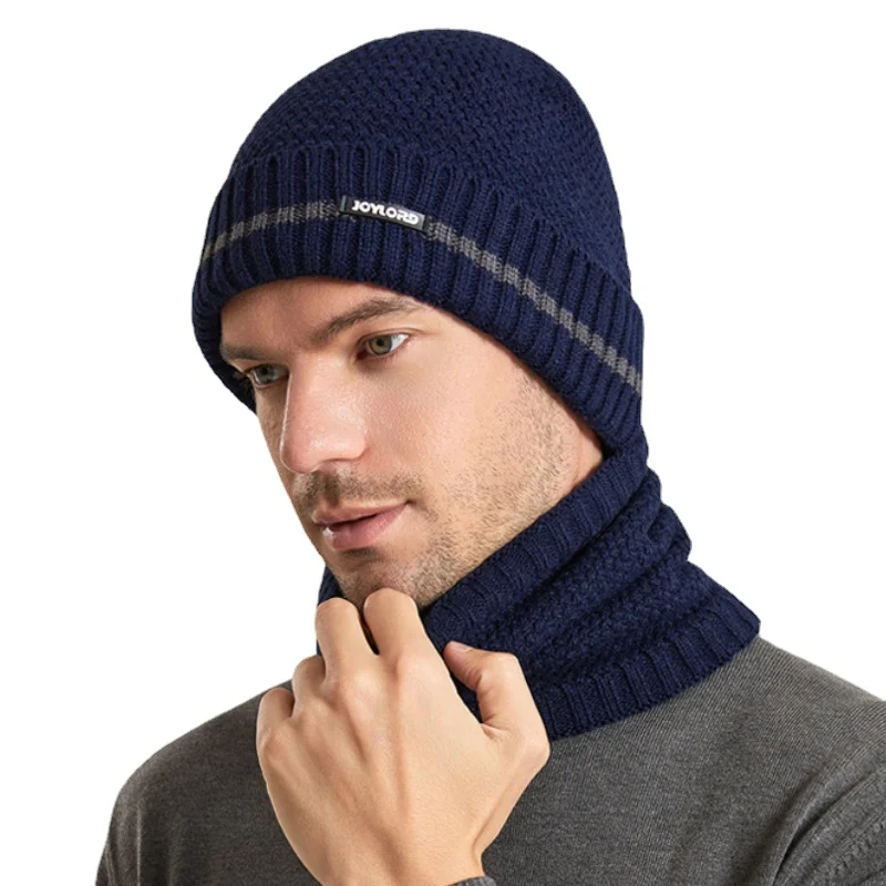 Conjunto de gorro de punto de lana Simple, cuello de bufanda a rayas, cubierta térmica para exteriores, gorro de cabeza, forro polar grueso,