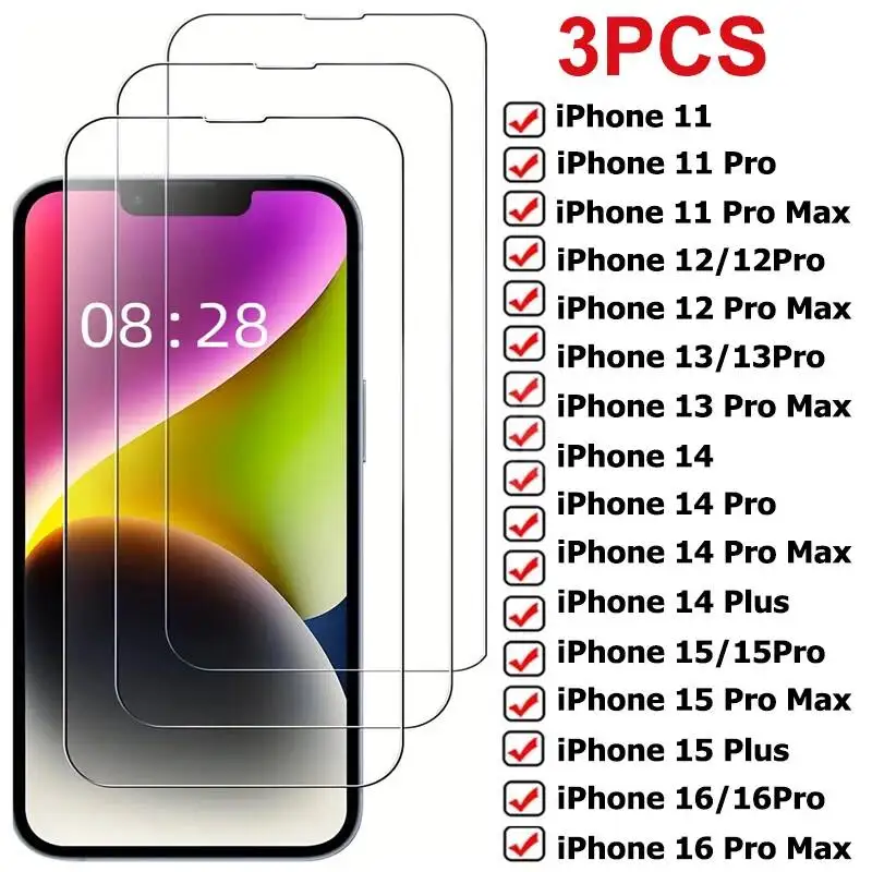 

Защитная пленка из закаленного стекла для iPhone 11, 12 Pro Max, 13 Mini, 14, 15, 16 Plus, 3 шт., полное покрытие