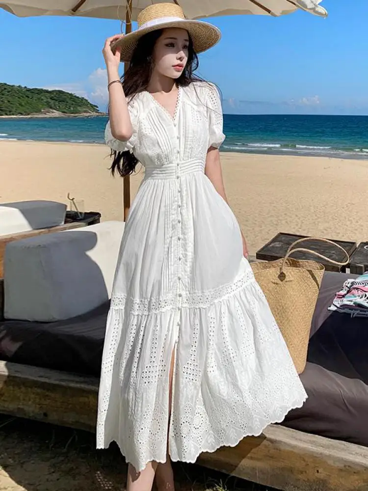 

Vintage Summer White Hollow Out Embroidery Long Dress For Women V Neck Short Sleeve High Waist Slim Evening Party Dresses French