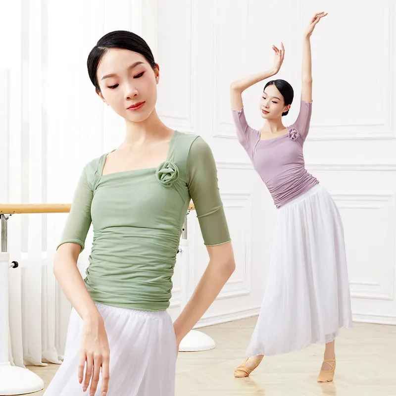 Mulher ballet topos com flor gola quadrada malha náilon mangas médias dança superior jaqueta casaco adultos ballet camisa dancewear