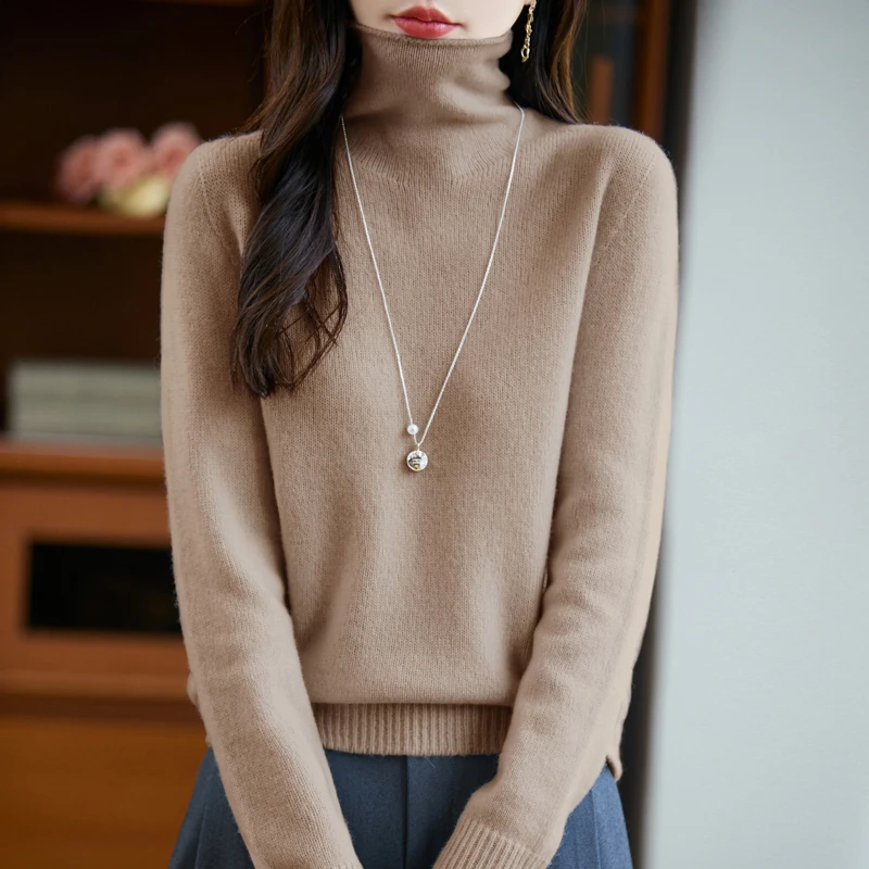

Autumn Winter Staple 100% Merino Wool Pullover Sweater Women Turtleneck Pile Collar Soild Casual Cashmere Knitwear Basic Coats