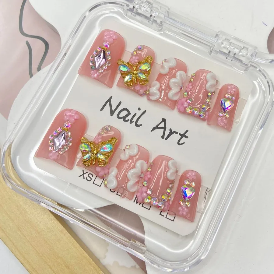 

Handmade Butterfly Press On Nails with Rhinestones and Duck Shape Design Short Acrylic Fake Nails for Women Girls Full Cover Re
