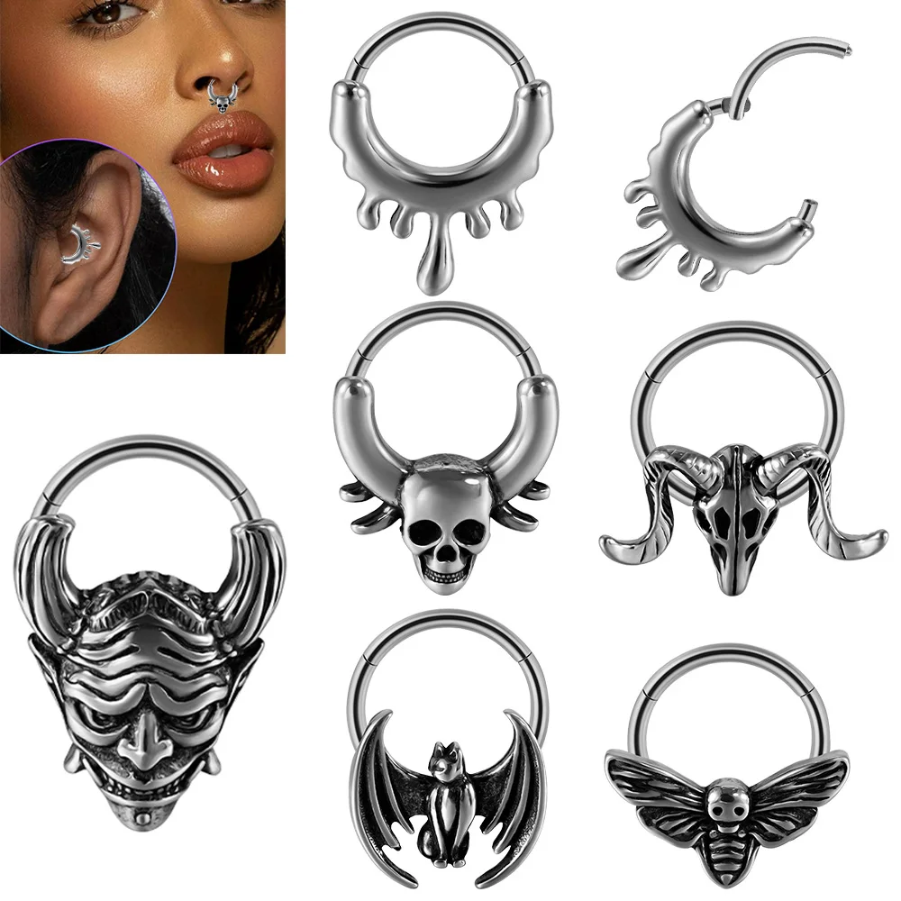 1PC Stainless Steel Butterfly Cat Ghost Cattle Sheep Head Nose Septum Clicker Ear Cartilage Cuff Helix Body Piercing Jewelry 16G