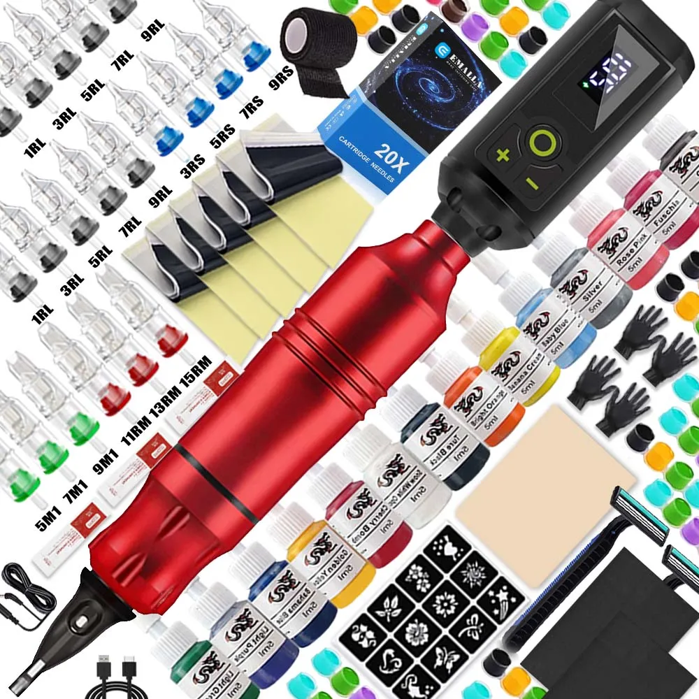 Professional Tattoo Kit Rotary Tattoo Machine Set Wireless Tattoo Power Supply Tattoo Cartridge Needles Ink Tattoo Beginner Set
