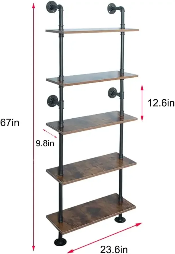 

5 Shelf Industrial Pipe Shelving, Black Modern Bookcase Bookshelf, Wall Mount Ladder Shelf with Metal Frame Display Selves