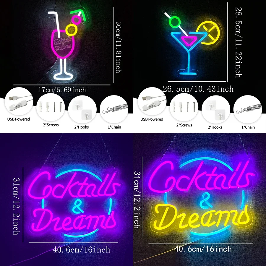Cocktails and Dreams Neon Sign for Wall Decor,LED Neon Light Signs for Bedroom Room Home Beer Bar Bistro Art Decor，USB Powered view 3
