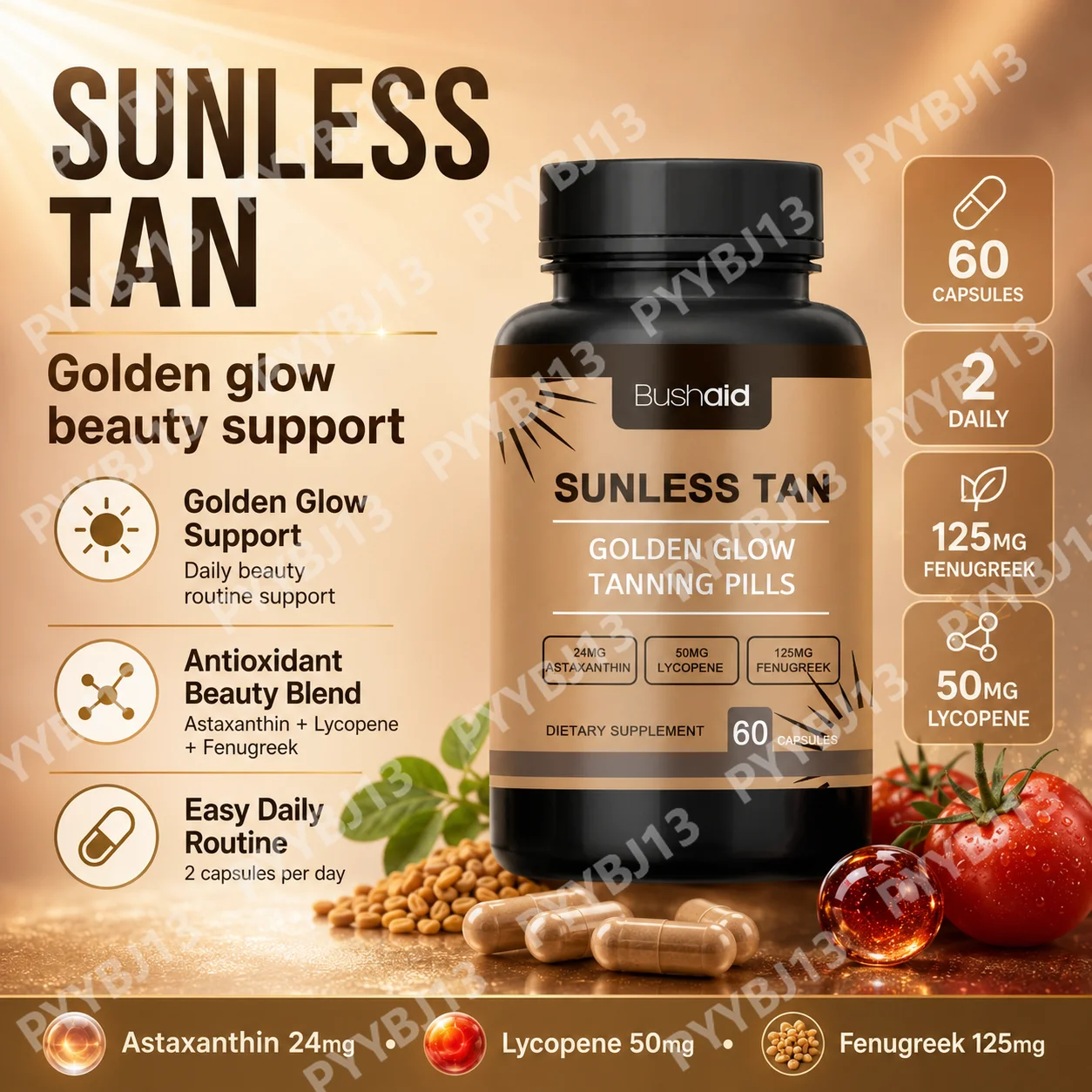 Sunless Tanning Capsules with Astaxanthin 24mg Lycopene 50mg & Fenugreek 125mg, 60 CT, Golden Glow Beauty Support for Adults