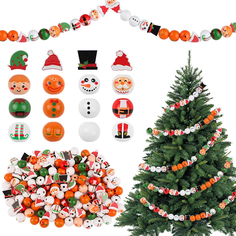 

Christmas Snowman Wooden Beads Set DIY Xmas Tree Hanging Pendants Winter Santa Ornaments Creative Handmade Wood Loose Bead Decor