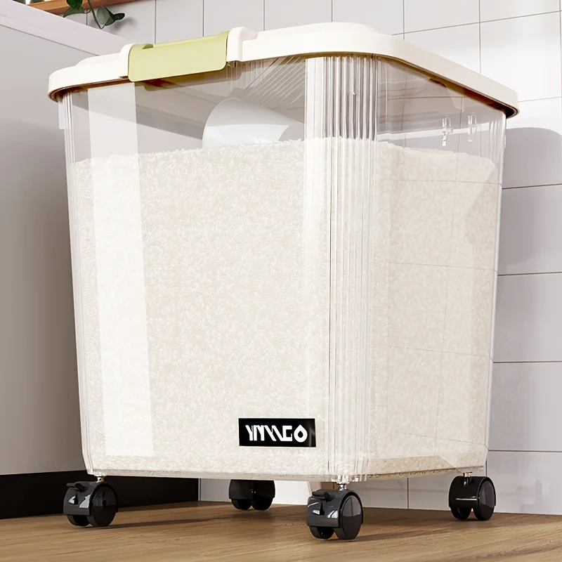Rolling Airtight Food Storage Container With Lid - Large Capacity Rice Bin On Wheels, Easy-Move Kitchen Pantry Organizer For Flour, Grains, Pet Food