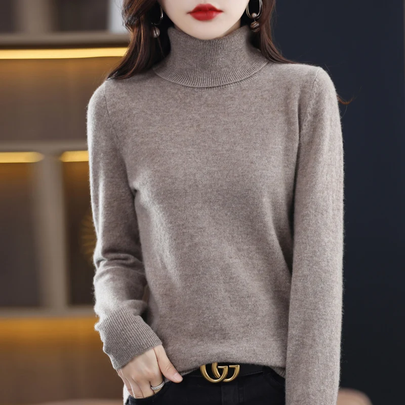 Wool Cashmere Sweater Women\'s Pullover Long Sleeve Autumn and winter High Turn-Down Collar Knit Sweater High Quality Jumper Top