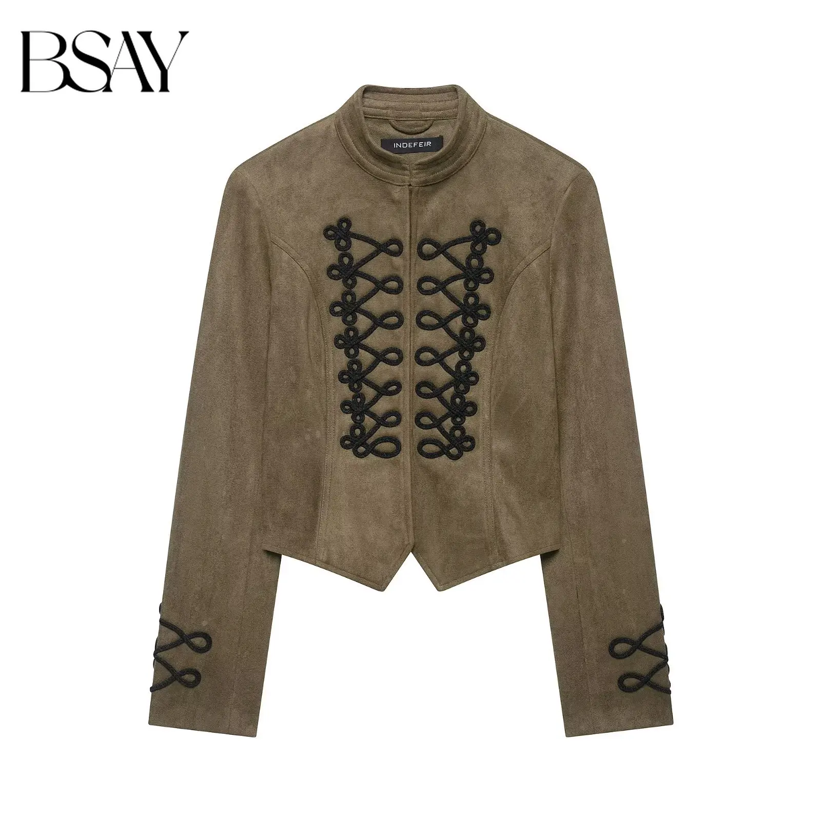 BSAY 2026 Autumn New Women Faux Suede Cropped Jacket Stand Collar With Rope Knot Decor Asymmetric Hem Slim Vintage Outerwear
