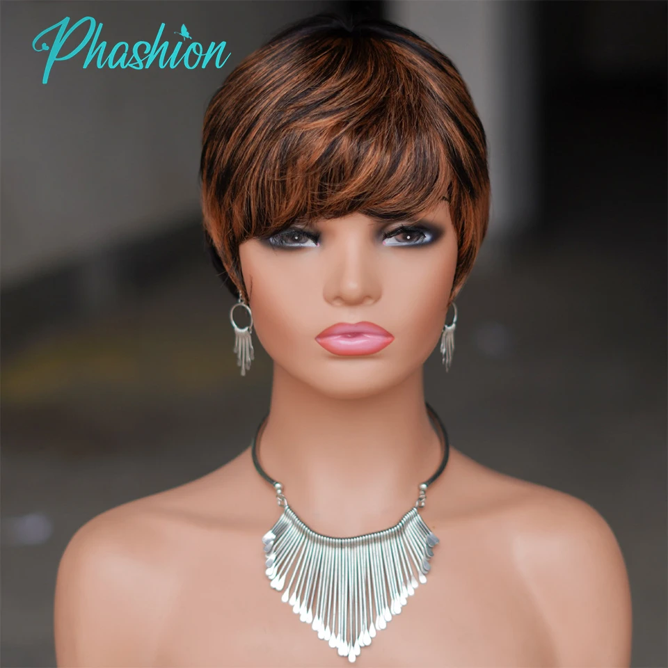 

Phashion Colored Pixie Cut Human Hair Wigs With Bangs Short Straight Wig Brazilian Remy Cheap Machine Glueless For Black Women