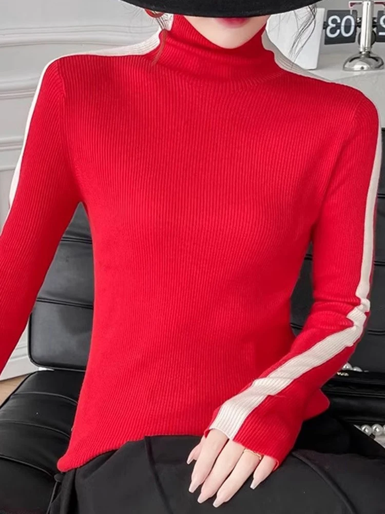 Ele Camere-Strickpullover mit hohem Kragen, lang, Swe, schmale Passform, elastisch, für Herbst und Winter, Wolle, bequem, Blumenfarbe...