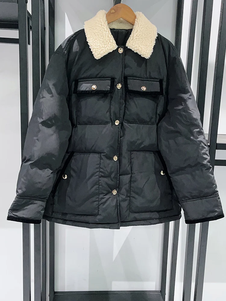 

Ladies Thiened Loose Cotton Jaet Lamb Fur Collar Large ket Autumn Winter Long Sve Single Button Closure Color