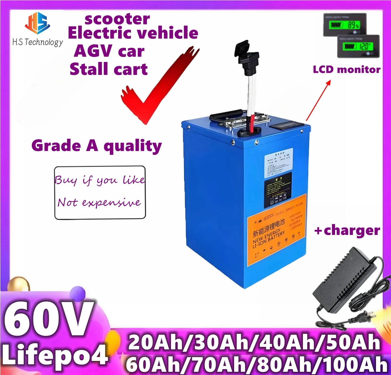 HS LIFEPO4 60V 20Ah 30Ah 40Ah 50Ah 60Ah 70Ah 80Ah 100Ah Lithium iron phosphate battery for scoote motorcycle forklift +Charger