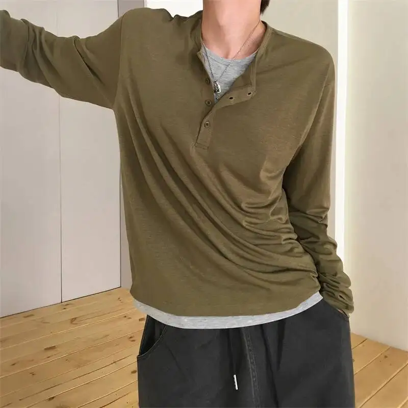 Men Vintage Fake Two-Piece Long Sleeve T-shirts Loose Autumn Basic Tops Olive Navy Casual Layer Pullover Tee S3E4E
