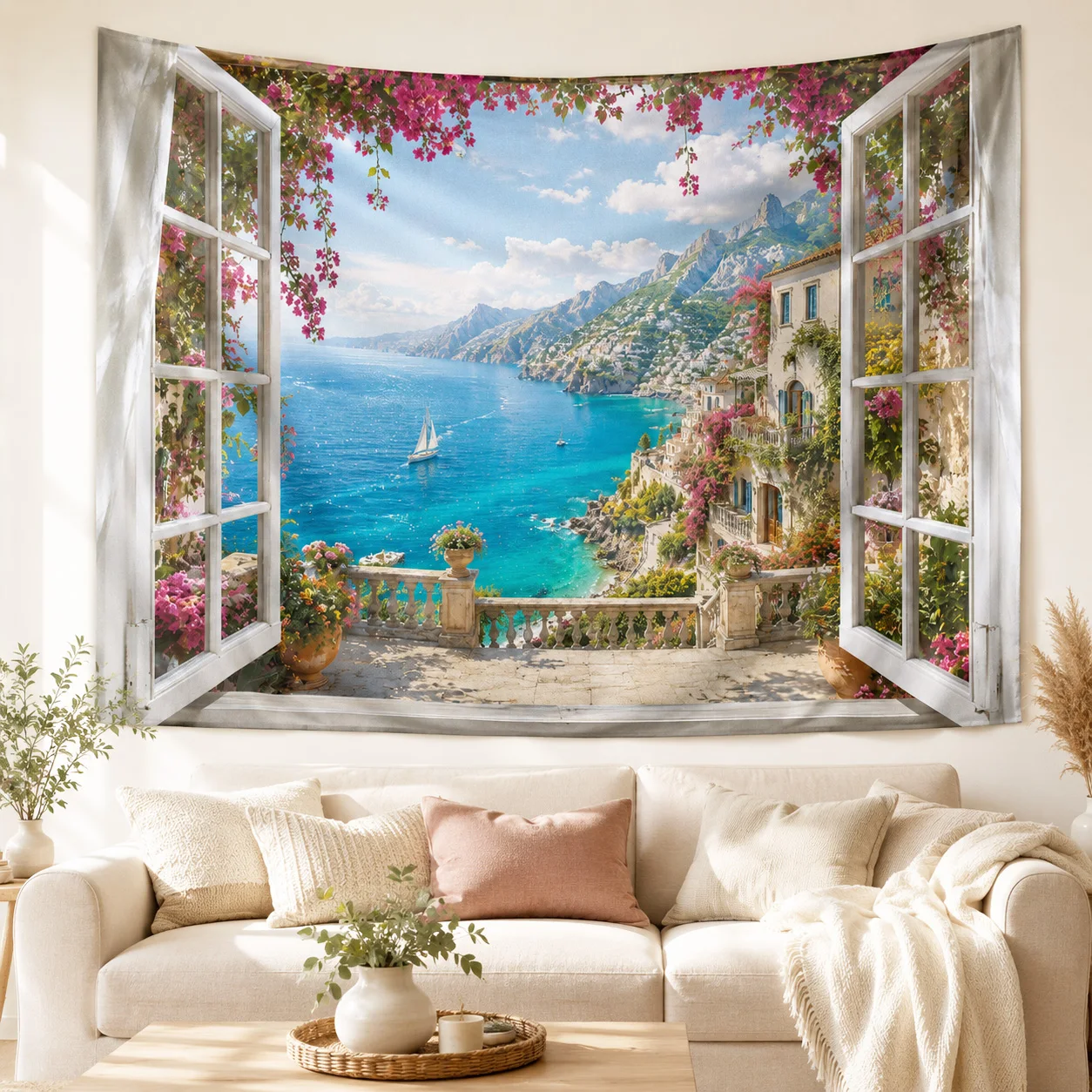 3D Window Mediterranean Sea View Wall Tapestry Coastal Floral Landscape Wall Hanging Aesthetic Bedroom Home Decor Gift