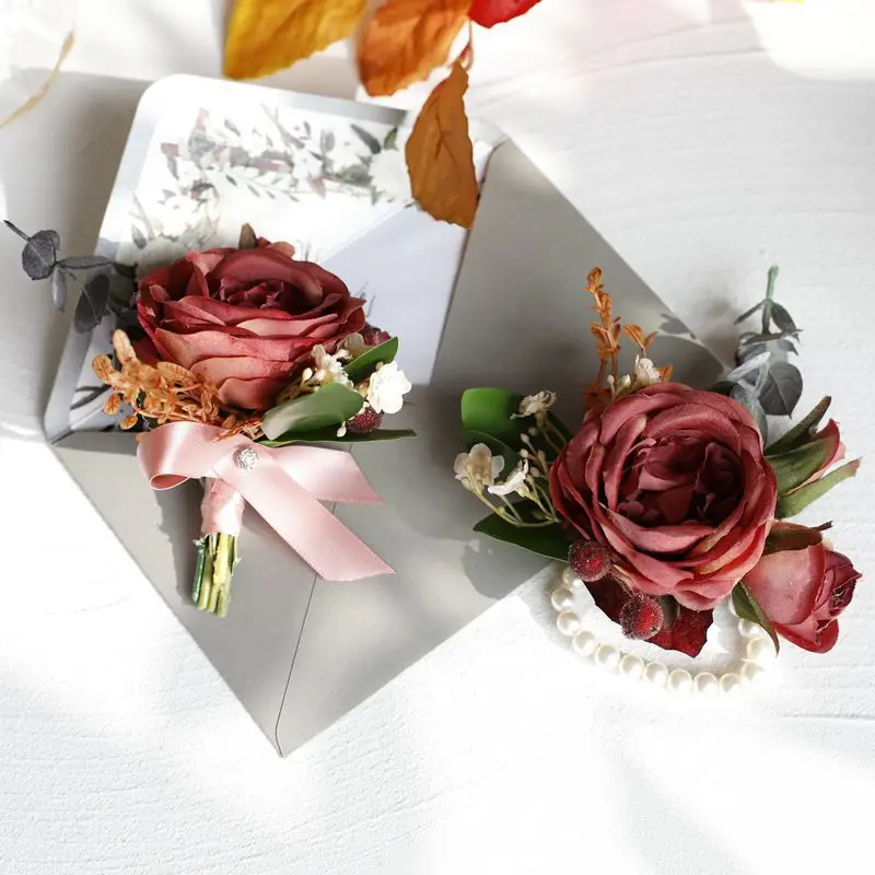 

Vintage Rose Artifical Flowers Wrist Corsage Bridesmaid Boutonnieres Wedding Accessories for Party