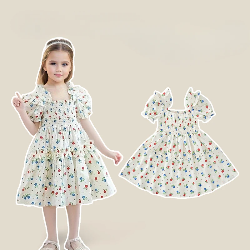 Mädchen Rock neues Sommerkleid kleine Mädchen Puff ärmel Blumen kleid Kinder Kuchen Kleid koreanischen einfachen Stil Rock Kinder