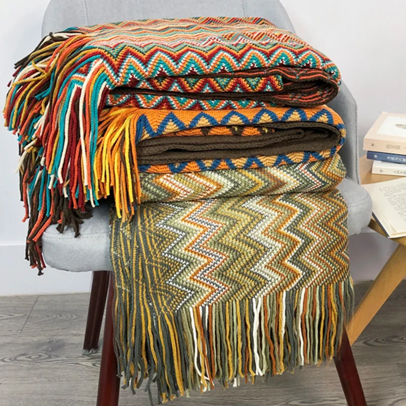 2025 Sofa Cover Blanket Ethnic Bohemian Grid Yarn-dyed Knitted Towel Bed Wall Boho Decor Slipcover Travel Picnic Pad Mat Wh8