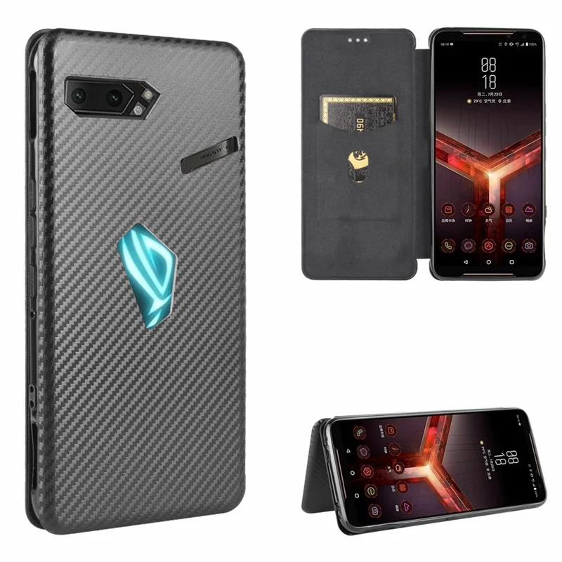 

For ASUS ROG Phone II ZS660KL Case Carbon Fiber Flip Leather Business Magnet Stand Holder Card Slot Shockproof Cover